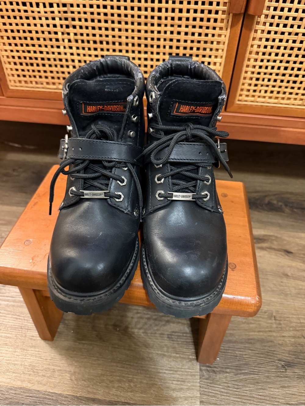 Harley-Davidson Black Leather Lace-Up Ankle Motorcycle Boots with Strap